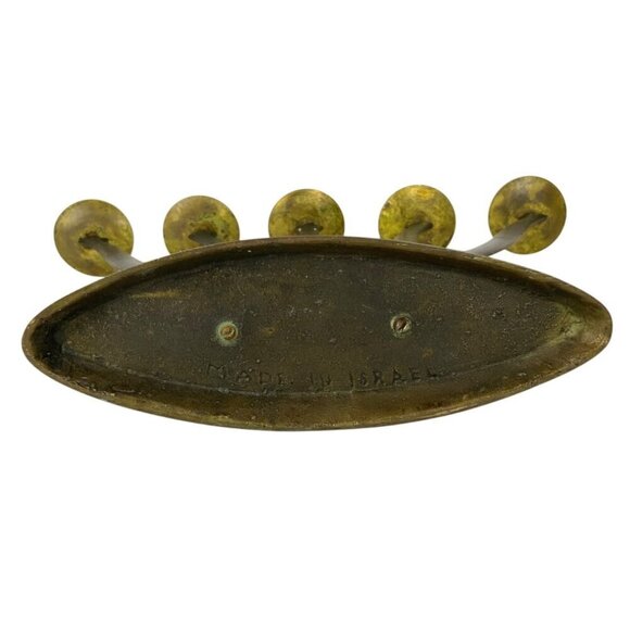Vintage Brass Shabbat Sabbath Menorah Candleholder Grapes Hebrew Script Israel - Picture 8 of 11